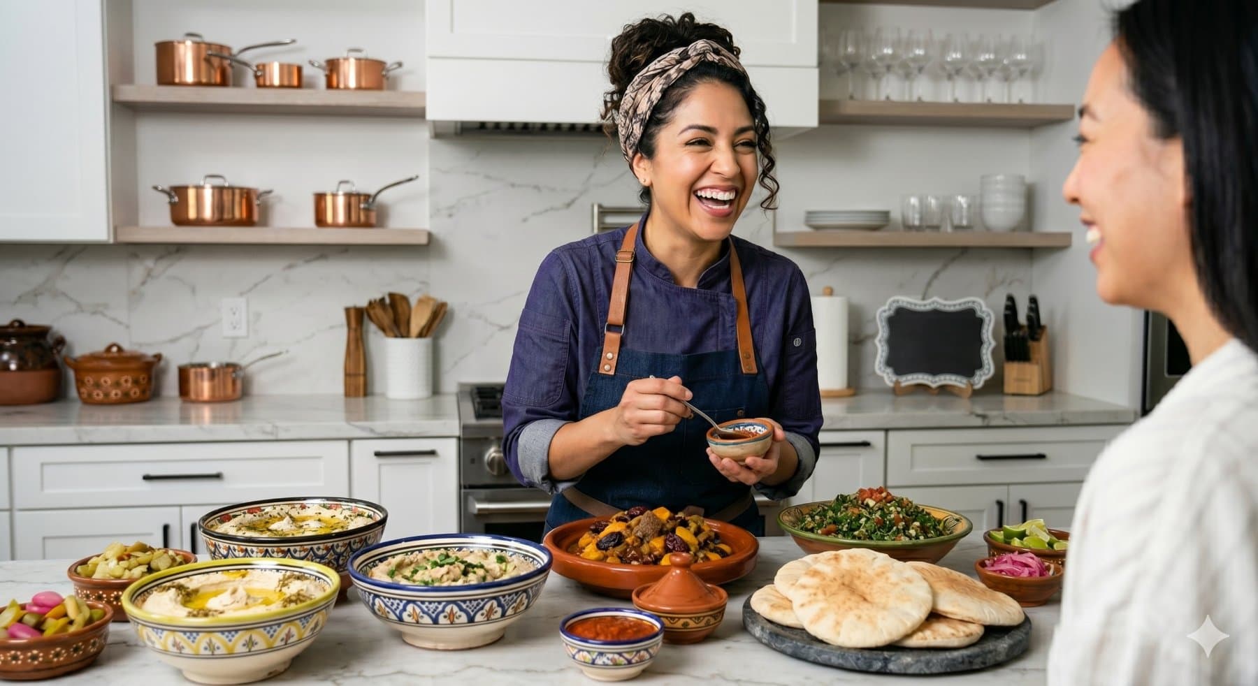 Chef R laughing with a client over a spread of Moroccan dishes in a home kitchen