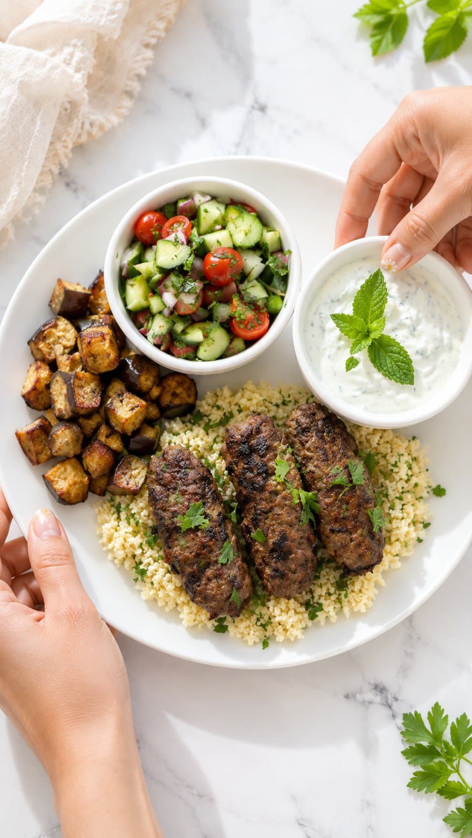 Beef kofta over herbed couscous with roasted eggplant and minty tzatziki