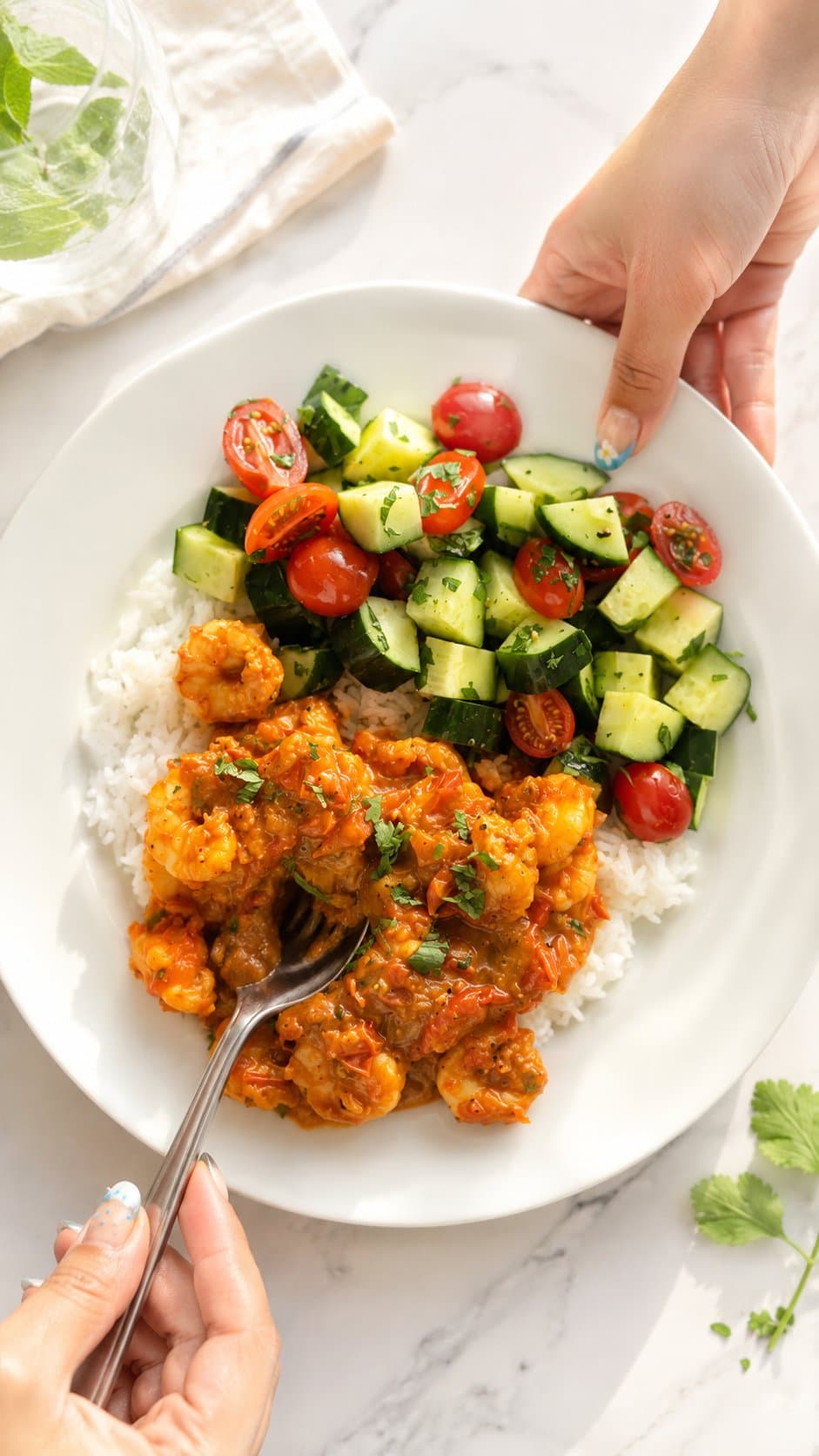 Tomato-butter shrimp curry over jasmine rice with cucumber salad